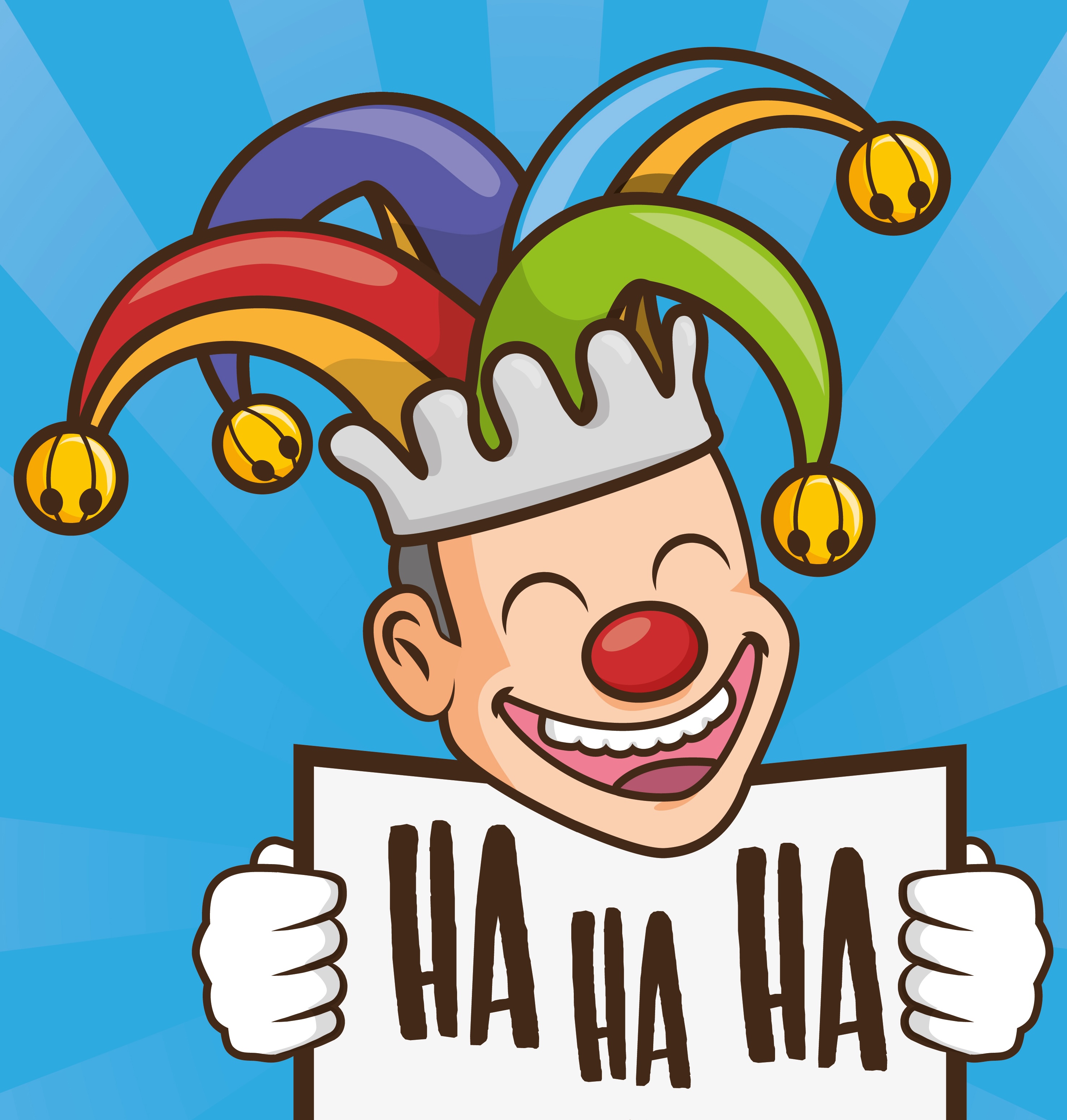 a jester with a placard reading ha ha ha